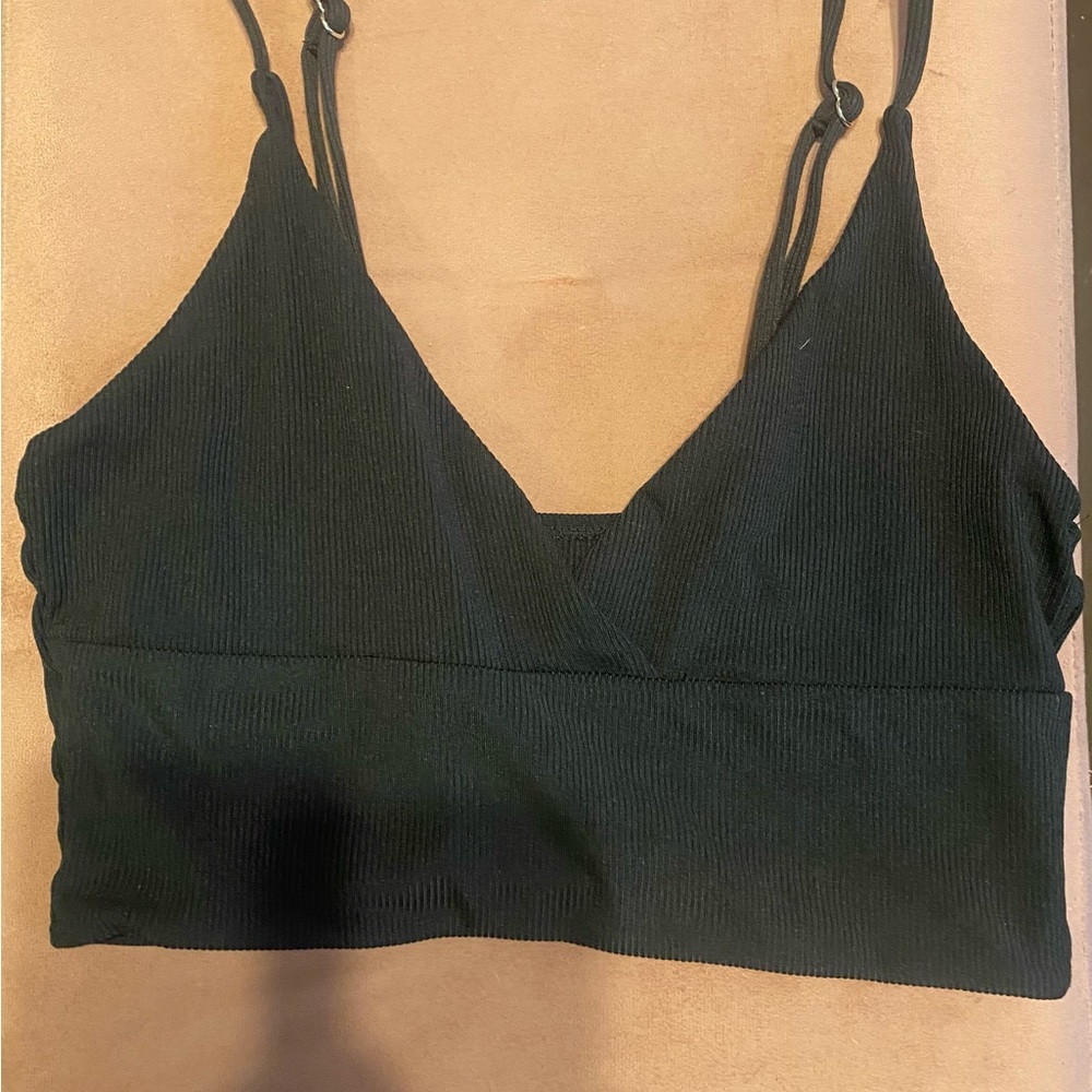 Black Ribbed V-Neck Bikini Top